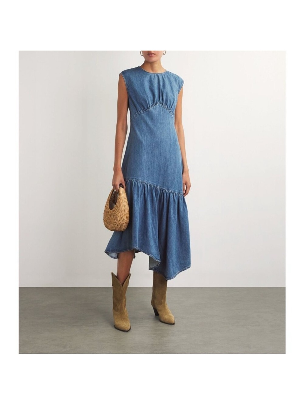 FRAME Eugenia Denim Asymmetric Midi Dress